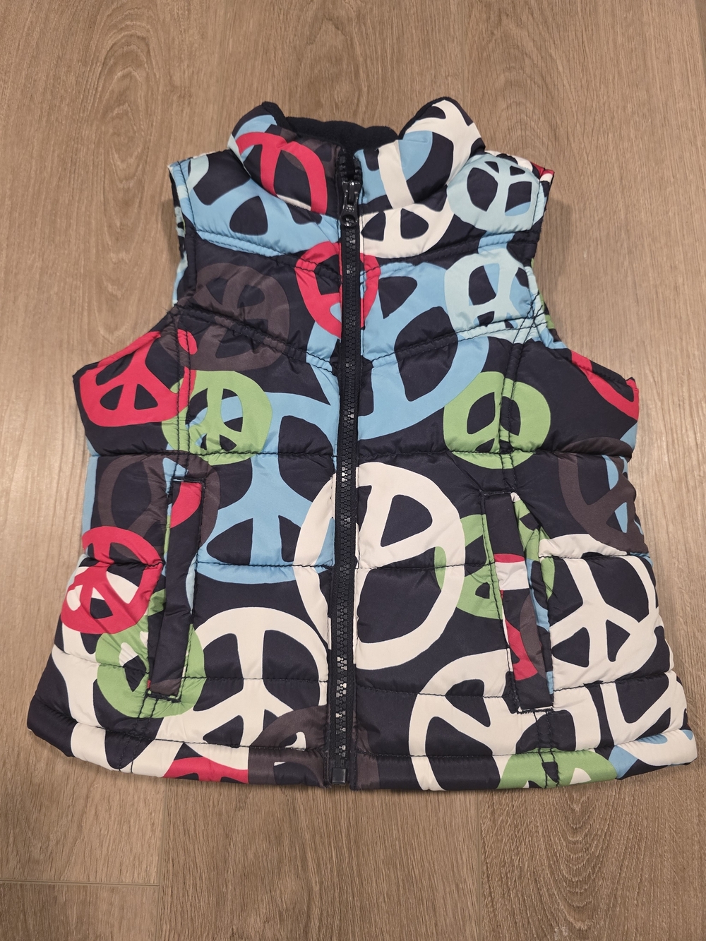 Old Navy Girls Peace Sign Puffer Vest Black Multicolor‎ Pink Fleece Lined XS 5